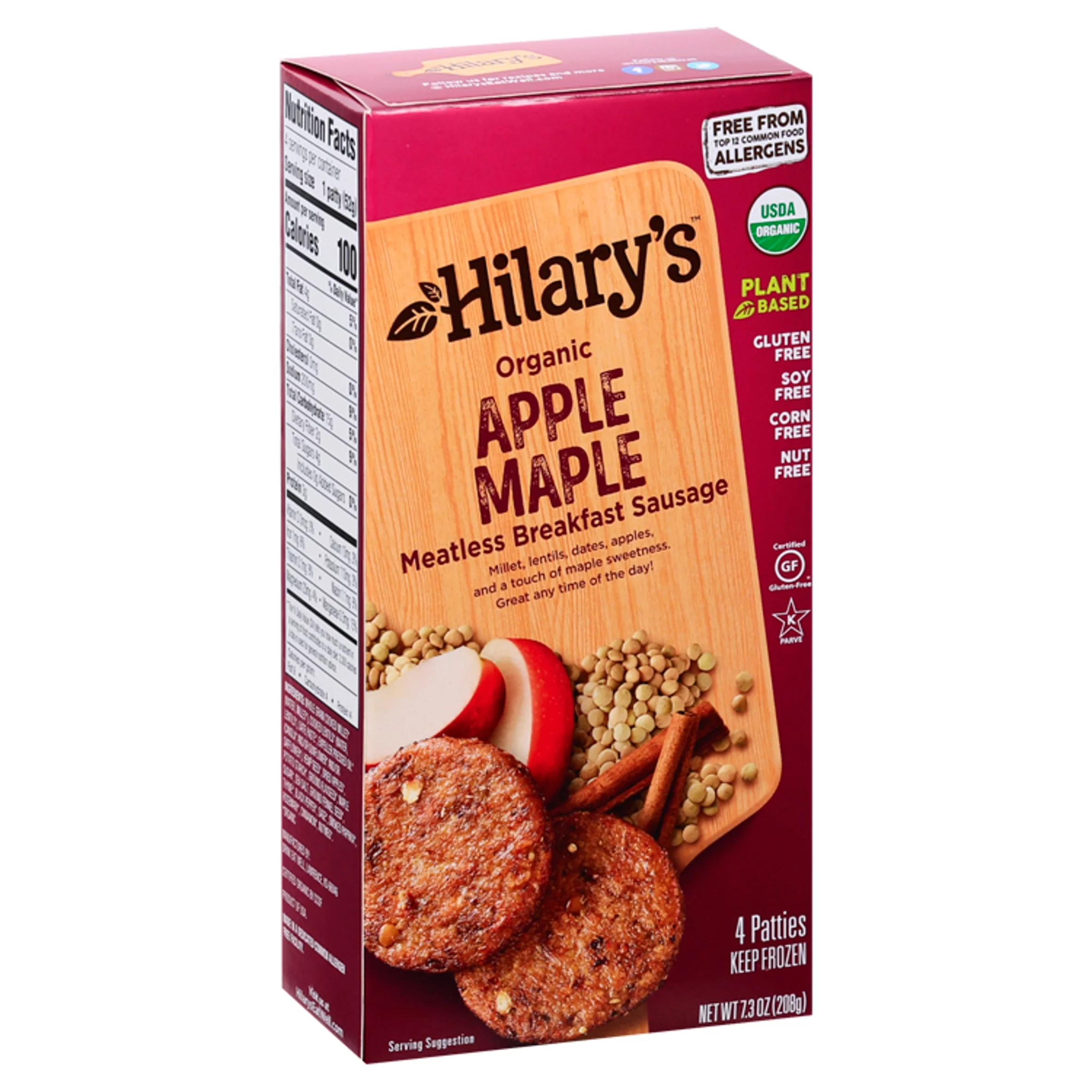 Hilarys Organic Apple Maple Veggie Breakfast Sausage, 7.3 Ounce -- 12 per case.