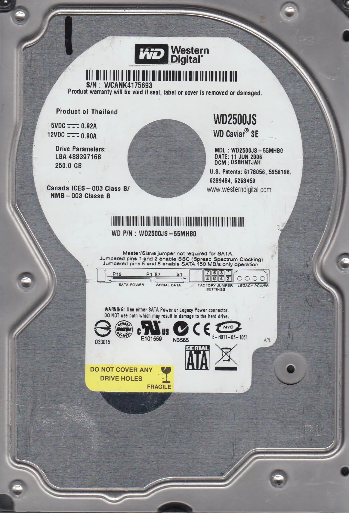 WD2500JS-55MHB0, DCM DSBHNTJAH, Western Digital 250GB SATA 3.5 Hard Drive