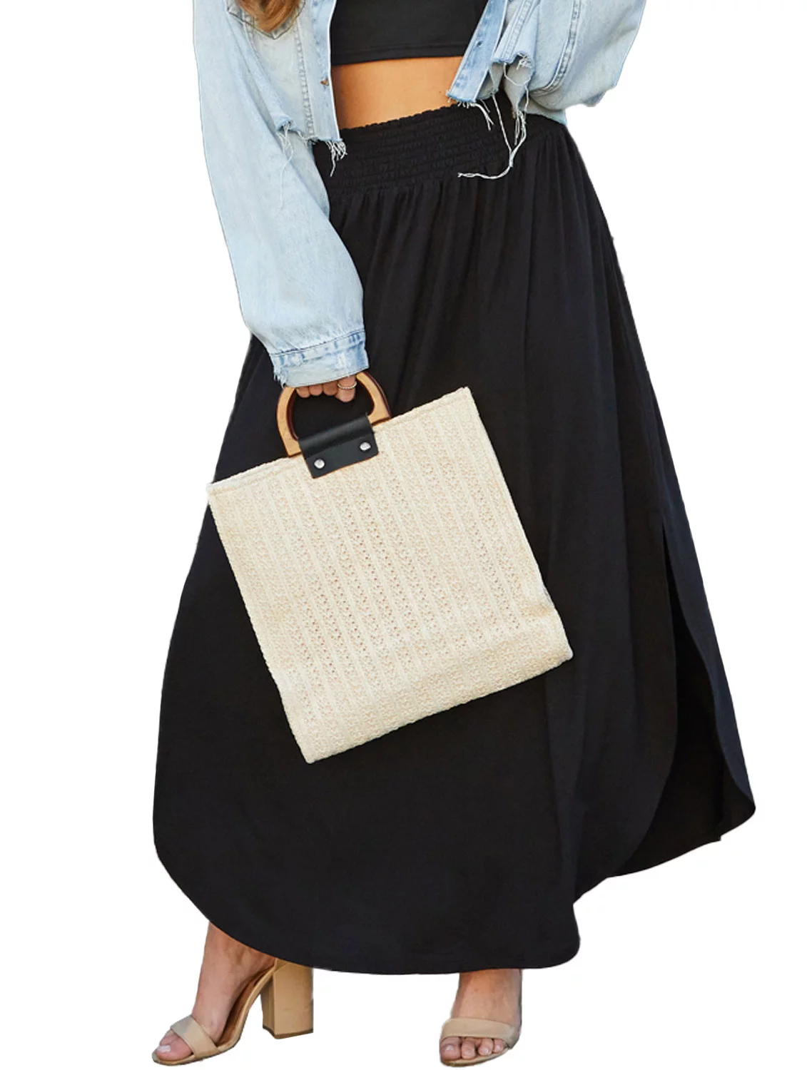 Doublju Women's Smocked Waist Band Maxi Skirt