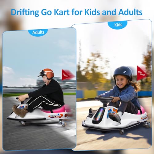 24V Electric Drifting Go Kart for Adults and Kids Ride on Electric Vehicles Car Age 3+ 80kg Load Capacity Crazy Drifting Carts in Situ Rotate 360°Gokart Metal Anti-Collision Frame(White Pink)