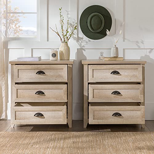Walker Edison Hazel 2-Piece Modern Farmhouse 3 Drawer Framed Nightstand with Half-Moon Handles, Set of 2, White Oak