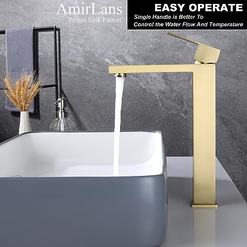 Brushed Gold Vessel Sink Faucet - Tall Single Hole Bathroom Faucet with Pop Up Drain, AML-11411-BG