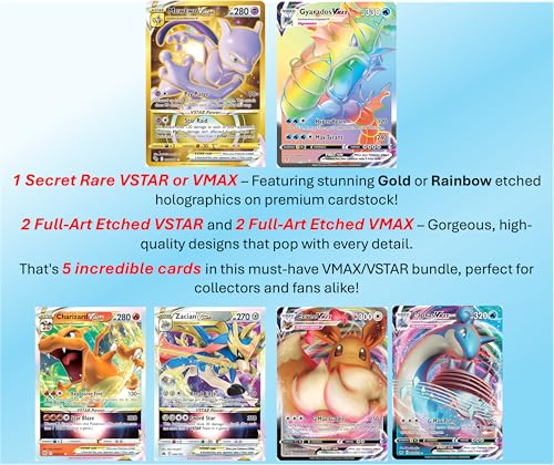 5 Pokemon Card VMAX/VSTAR Bundle - X2 VSTAR - X2 VMAX - X1 Secret Rare - No Duplicates