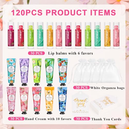 120PCS Bulk Gifts For Women, Lip Balm Bulk and Hand Cream Gift Set with Organza Bags, Thank You Cards, Party Favors For Bridal Wedding, Baby Shower, Christmas Gift Stocking Stuffers