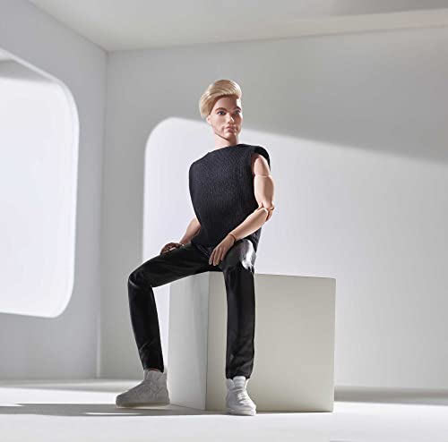 Barbie Signature Looks Ken Doll (Blonde with Facial Hair) Fully Posable Fashion Doll Wearing Black T-Shirt & Vinyl Pants, Gift for Collectors