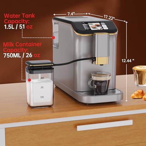 Espresso Machine with 15 Grind Settings | Fully Automatic, 20 Bar Pressure & Milk Frother - Touch Display, 1.5L Tank, Steel Gold