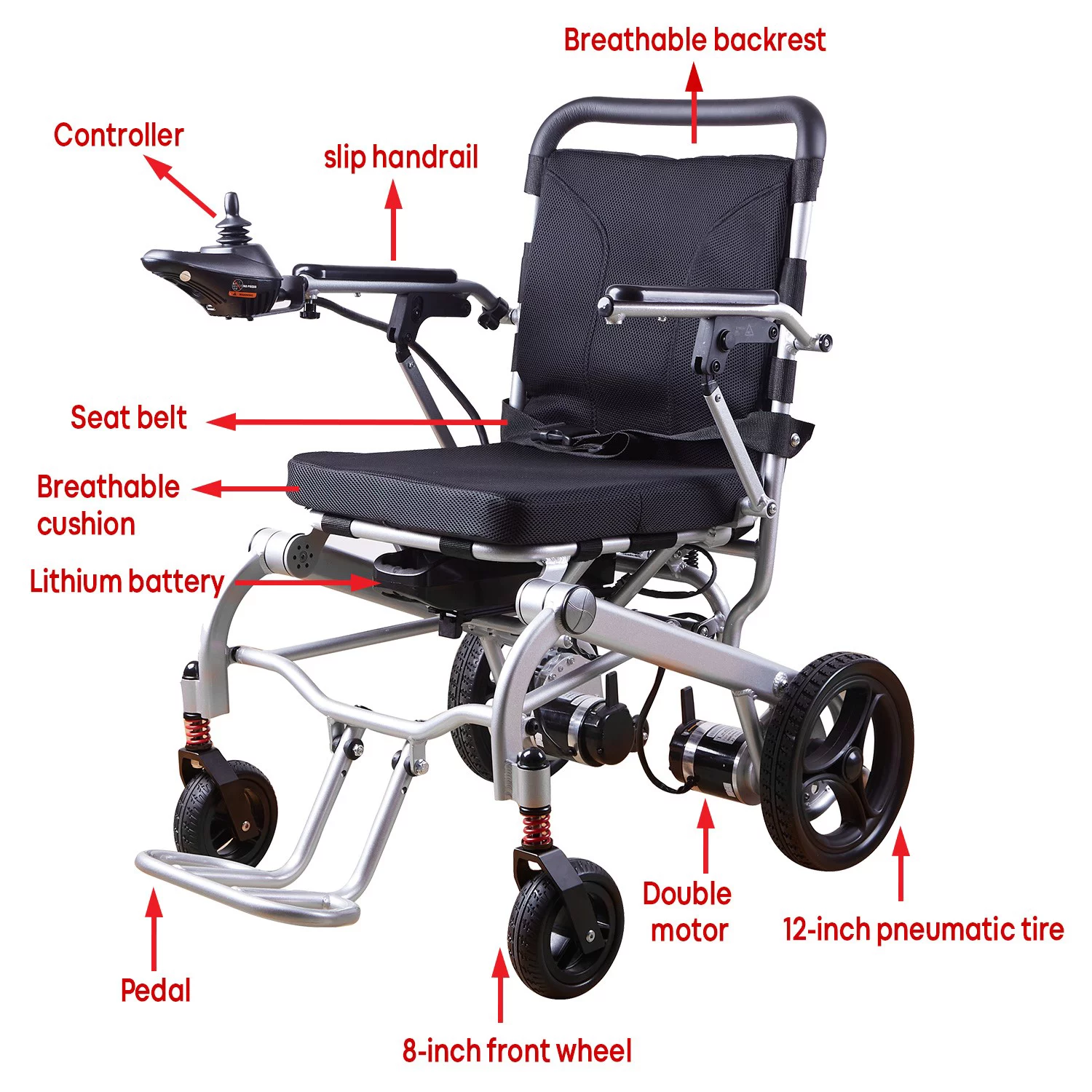 Rubicon Super Lightweight Foldable Electric Wheelchair - Easy to Use - 12 mi Cruise Range - Detachable Battery -  Liftable Armrest