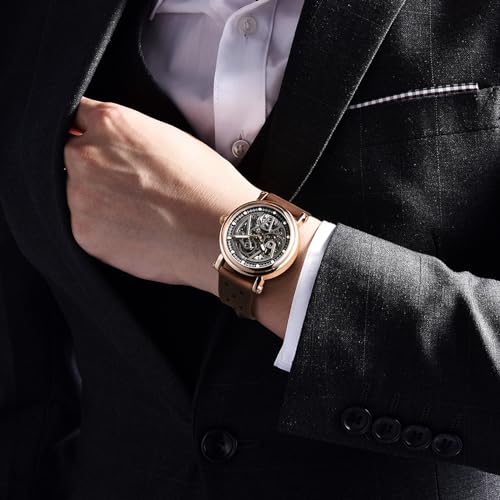 BENYAR Automatic Watches for Men Black Skeleton dial 50M Waterproof Leather Men's Mechanical Watch Elegant Gifts for Men