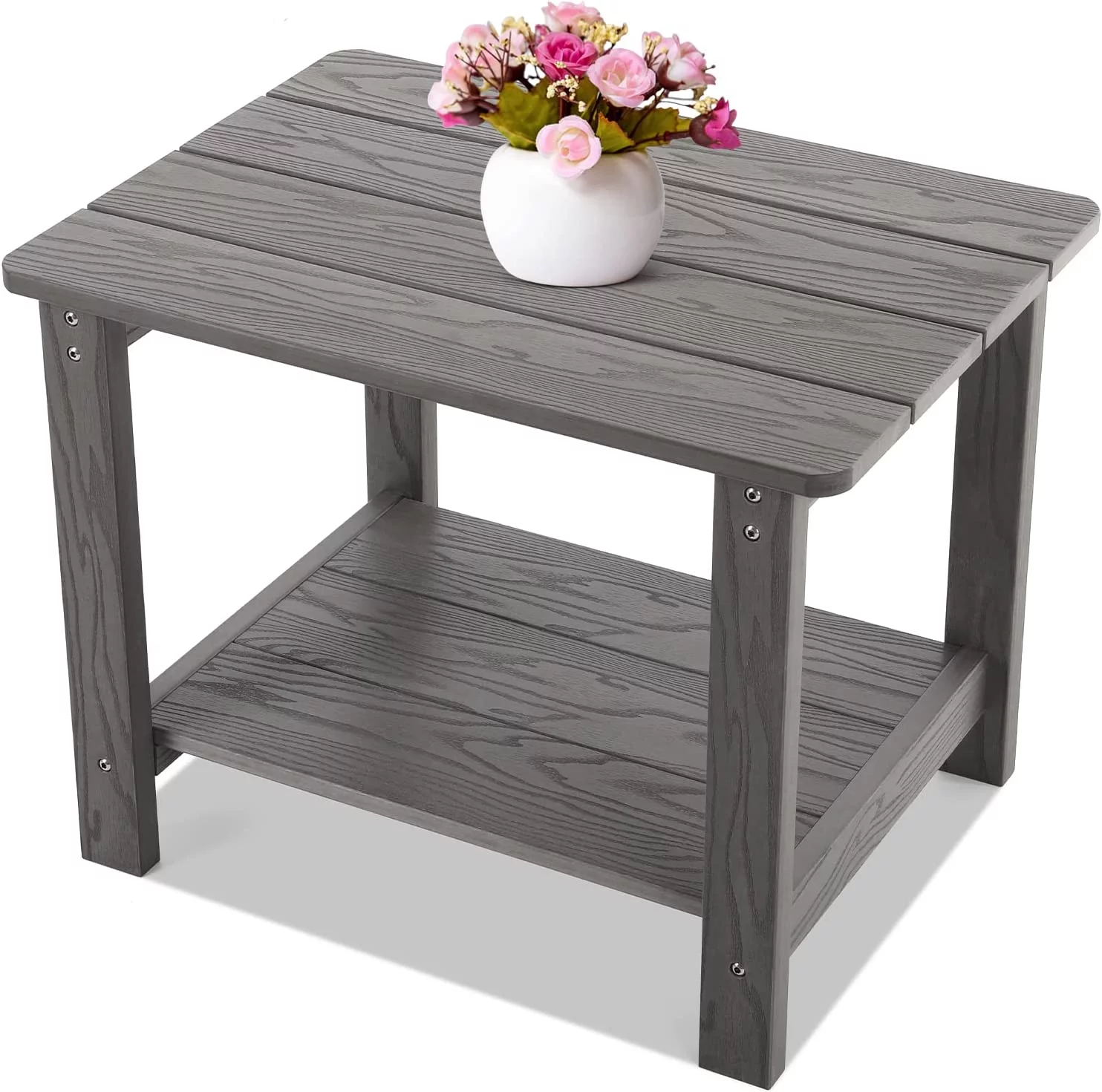 Jiekair Outdoor Side Table, All Weather Resistant Rectangle 2-Tier Patio Table for Backyard Garden, Gray