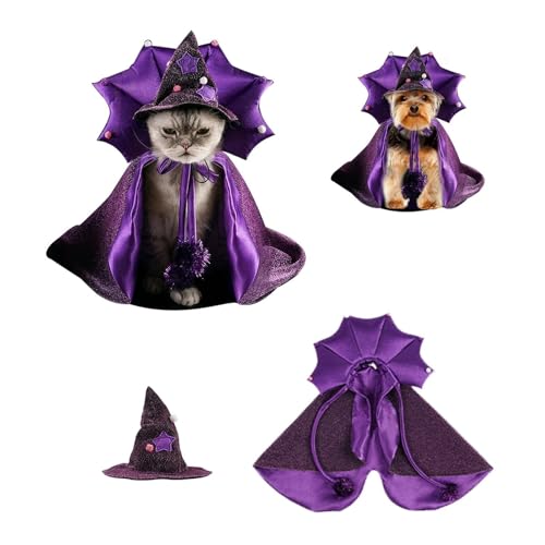 Halloween Pet Costume Vampire Cape with Witch Hat for Small Dogs and Cats Adjustable Purple Sparkling Party Outfit