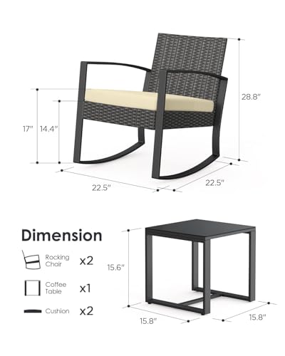 Noelse 3 Piece Wicker Patio Furniture Set, Outdoor Rocking Chairs, Outdoor Furniture with Table & Cushions, Patio Chairs for Balcony Porch, Gray