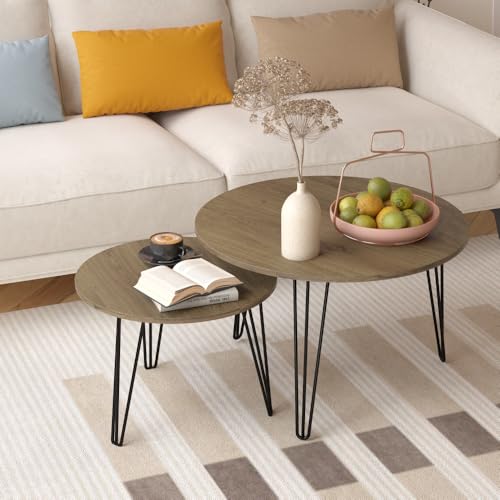Nesting Coffee Table Set of 2, 27.56'' Round Nesting End Table Set with Marble Tabletop and Sturdy Metal Base for Living Room, Bedroom (White)