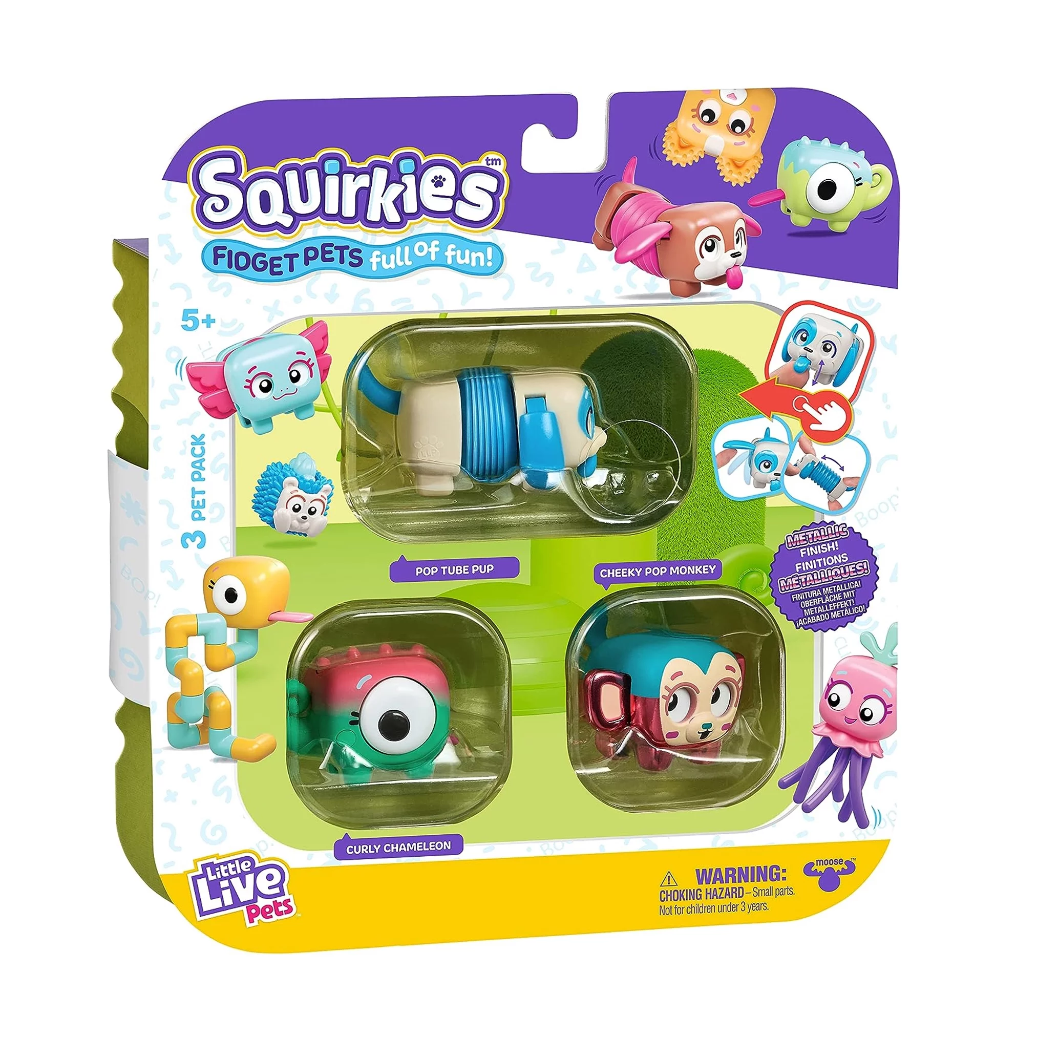 Little Live Pets, Squirkies 3 Pack (Pop Tube Pup, Metallic Cheeky Monkey, Curly Chameleon) Interactive Fidget Toys, 30+ to collect, Ages 5+
