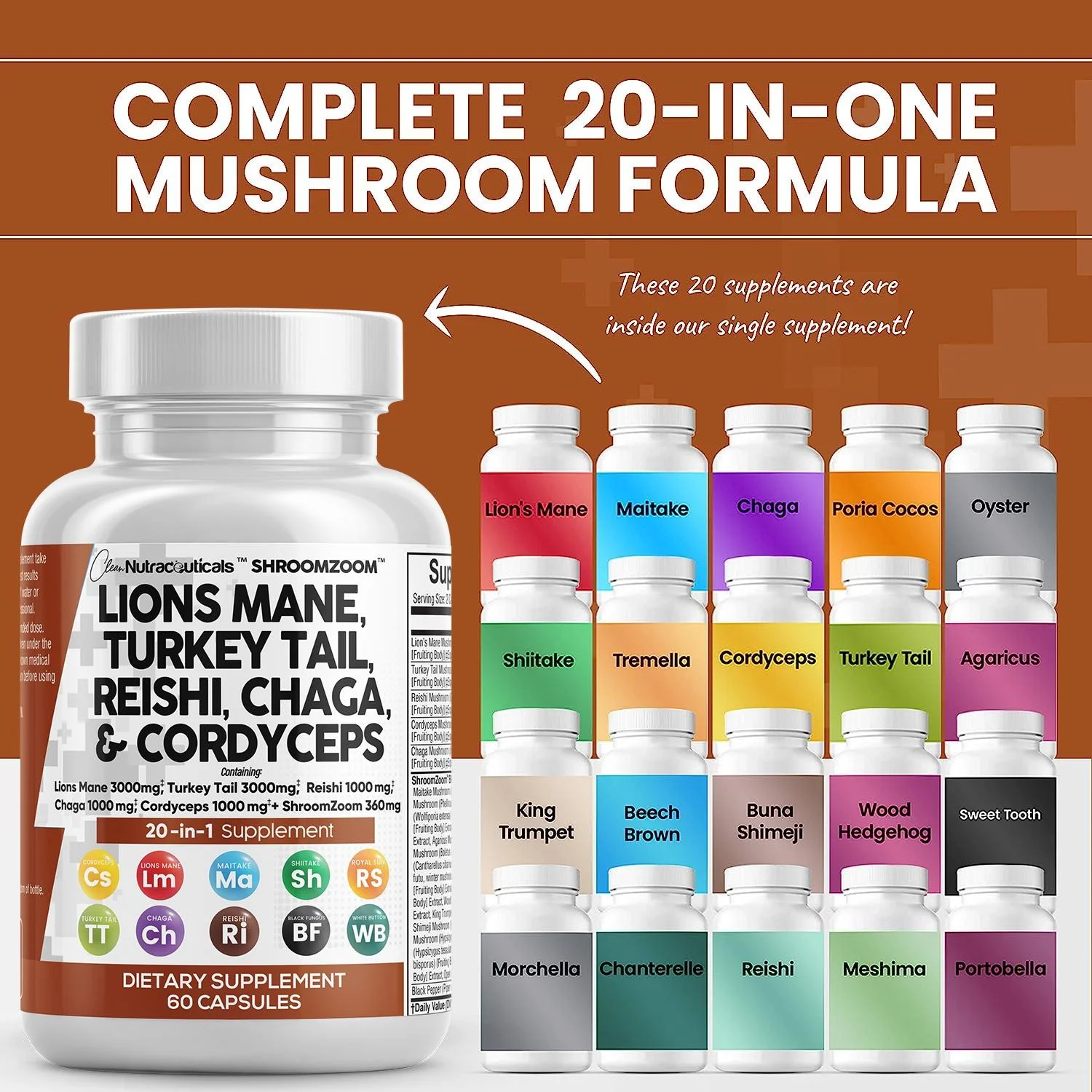 Lions Mane 3000mg 20in1 Mushroom Supplement with Turkey Tail 2000mg Reishi 1000mg Cordyceps Chaga 1000mg Maitake Meshima Poria Cocos Shiitake Oyster Porcini Enoki 60 Count