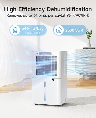 2500 Sq.Ft Dehumidifier for Basement with Drain Hose, 34 Pints Dehumidifiers for Home Large Room Bathroom Bedroom,3 Modes, Adjustable Humidity Control, Timer, Auto Defrost, Sleep Mode