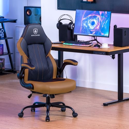 GTPLAYER Video Gaming Chair, Ergonomic Computer Gaming Chair with Flip-Up Armrests and Adjustable Height, Comfortable Desk Chairs with Built-in Lumbar Support, Recliner with 360°Swivel (Dark Black)