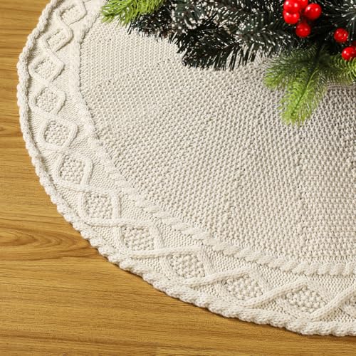 Sattiyrch Knit Christmas Tree Skirt,Luxury Cable Knitted Thick Rustic Xmas Tree Decoration (Cream, 36