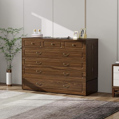 Murphy Bed Queen, Murphy Bed Cabinet with Charging Station, Large Storage Drawer and Shelves for Home Office or Guest Room, Warm White