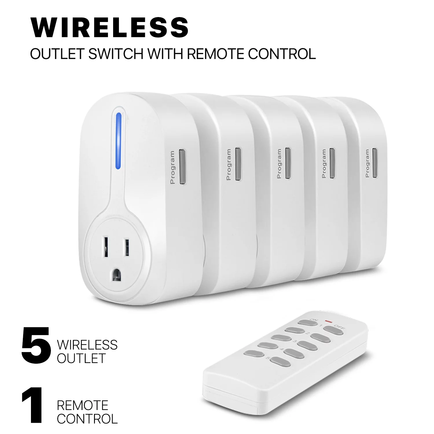 Flexzion Wireless Remote Control Plug Outlet With Remote On Off Switch (5 Pack) Electrical Power Outlet Wireless Switch for Light Indoor Home Lamps Appliance