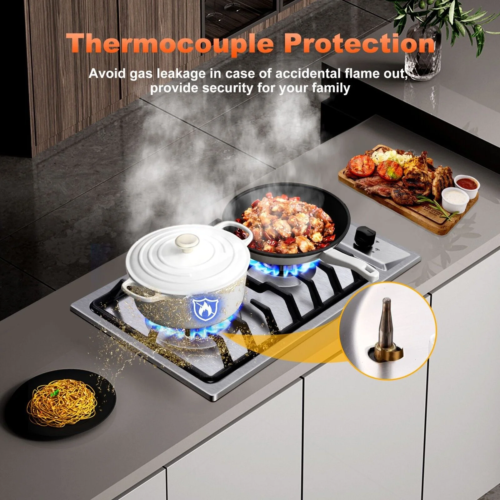 2-Burners Gas Cooktop 12 inch Stainless Steel Kitchen Gas Hob NG/LPG Convertible Built-In Integrated