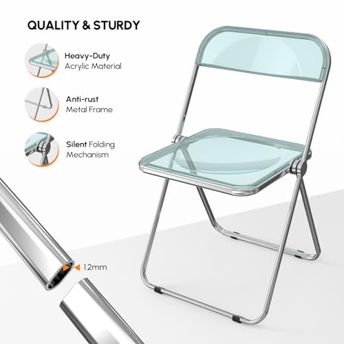 VINGLI Acrylic Folding Chairs 2 Pack, Clear Chair Foldable and Stackable, Plastic Panel & Metal Chrome Frame, Weight Capacity 350 lbs, Transparent