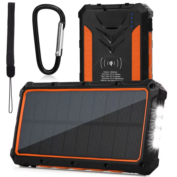 Heavy Duty Solar Power Bank, Qi Portable Charger 20,000mAh External Battery Pack Type C Input Port Four LED Flashlight, For Mate 40 RS Porsche Design With Solar Panel Charging