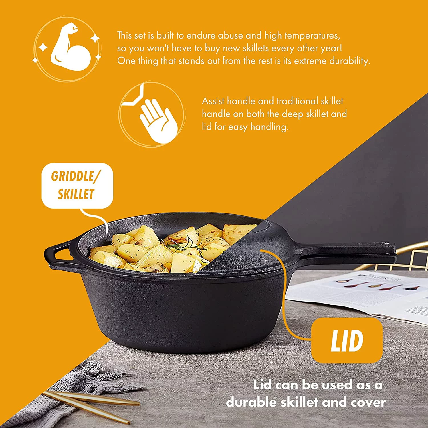 Bruntmor | Pre-Seasoned 2-In-1 Cast Iron Multi-Cooker Heavy Duty Skillet