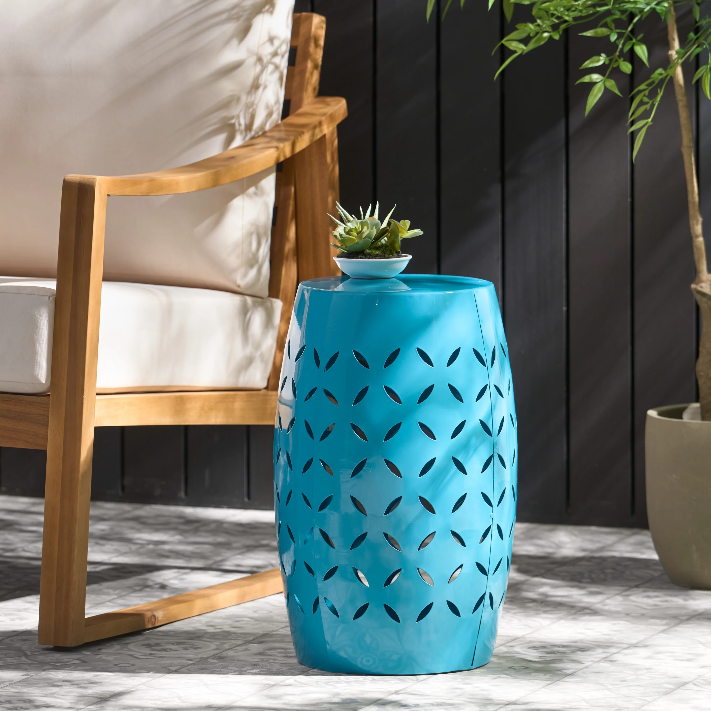 GDF Studio Lilly Indoor/Outdoor Metal 12 Inch Side Table, Blue