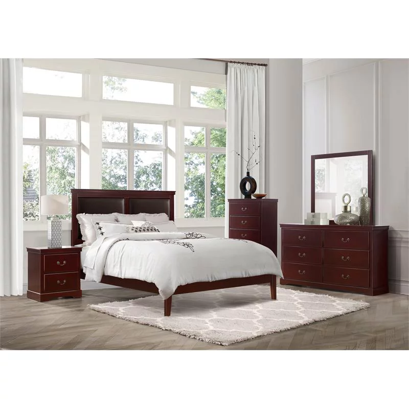 Pemberly Row Traditional Wood and Faux Leather Full Bed in Cherry