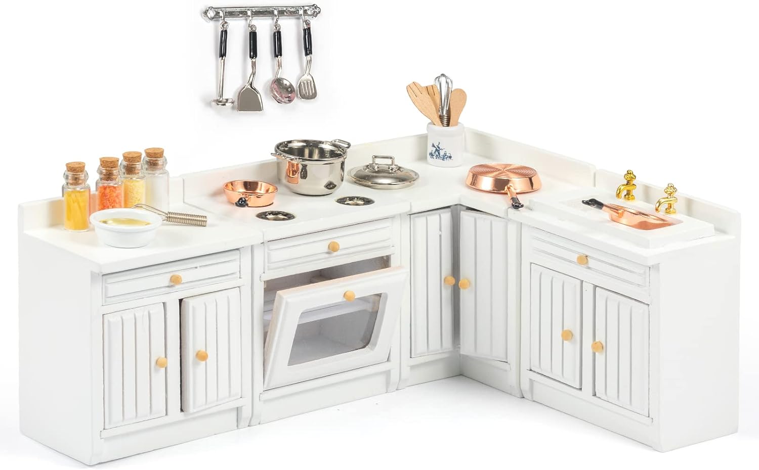 SAMCAMI Miniature Dollhouse Furniture Kitchen Set (24 Pieces) - Freely Combined Wooden Kitchen Cabinets and Other Dollhouse Accessories - 1 12 Scale Dollhouse Furniture (White)