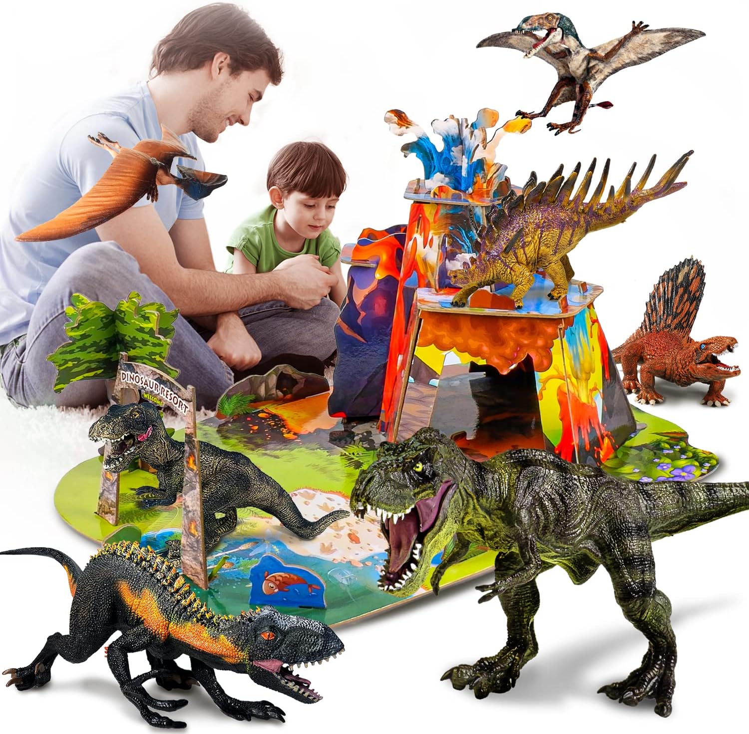 CPSTOYWORLD Realistic Dinosaur Toys for Kids, Large Dinosaur Figure Sets Including Movable T-Rex, Triceratops, Indoraptor and 3D Volcano Puzzles, Dinos Toys Gifts for Boys Girls Ages 3 Years & Up