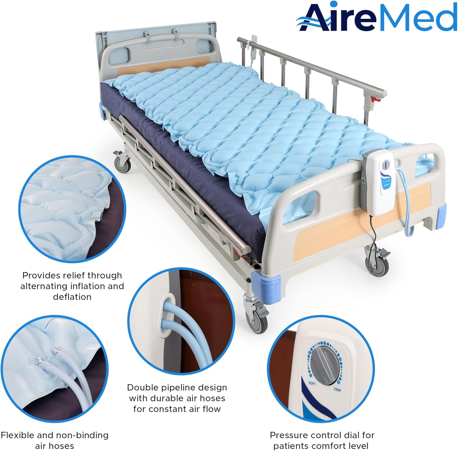 Alternating Air Pressure Mattress Pad with Quiet Electric Pump System - Premium Hospital Bed Mattress Topper for Bed Sore Prevention - Medical Bed Sore Cushions for Butt & Back