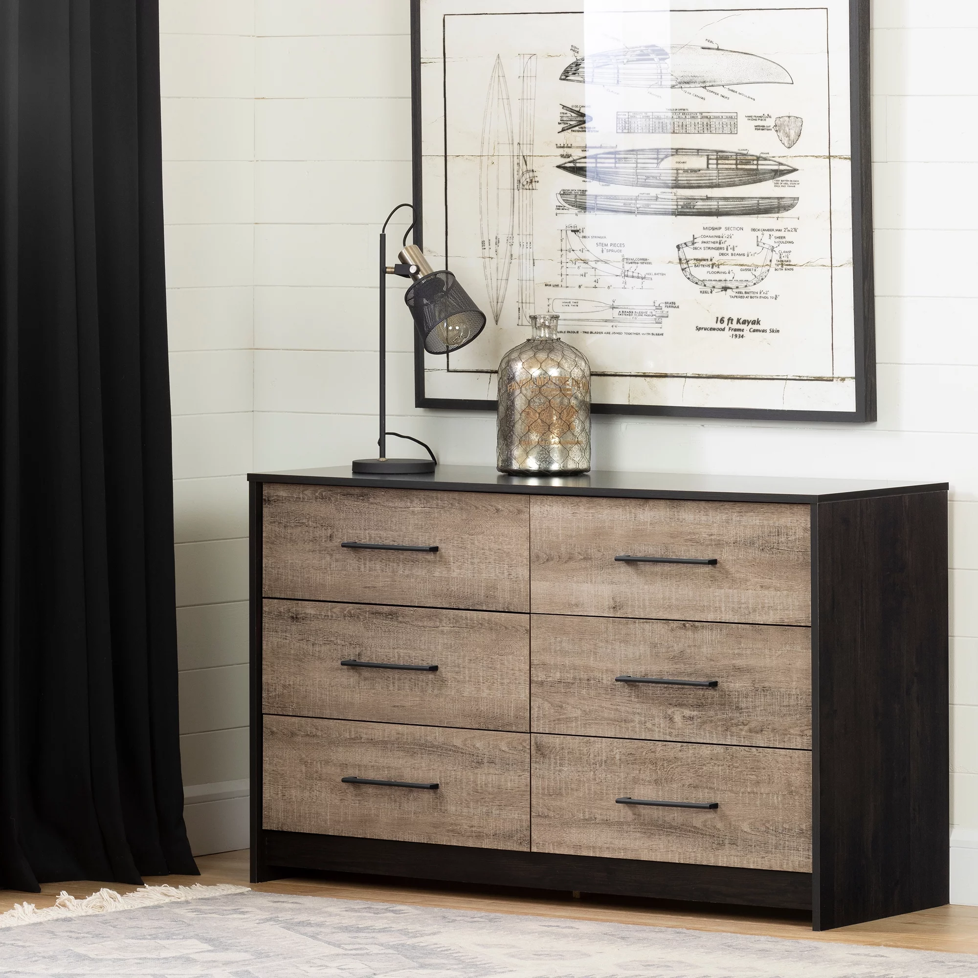South Shore Londen 6-Drawer Double Dresser, Weathered Oak and Rubbed Black
