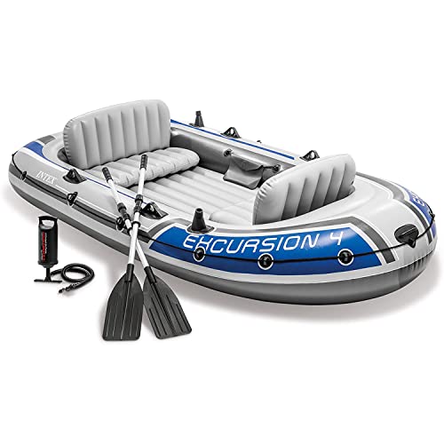INTEX Excursion Inflatable Boat Series: Includes Deluxe 54in Boat Oars and High-Output Pump – SuperTough PVC – Adjustable Seats with Backrest – Fishing Rod Holders – Welded Oar Locks