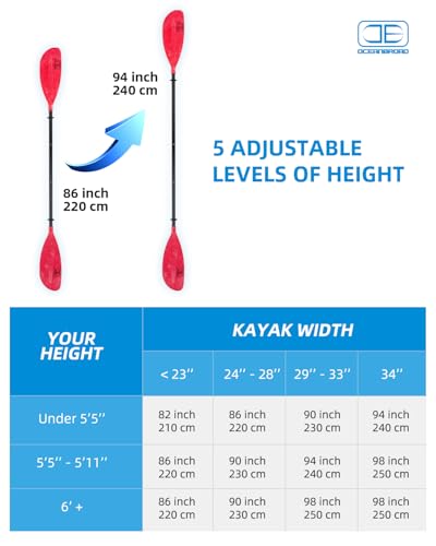 OCEANBROAD Adjustable Kayak Paddle 86in/220cm to 94in/240cm Kayaking Boating Canoeing Oar with Paddle Leash 1 Paddle
