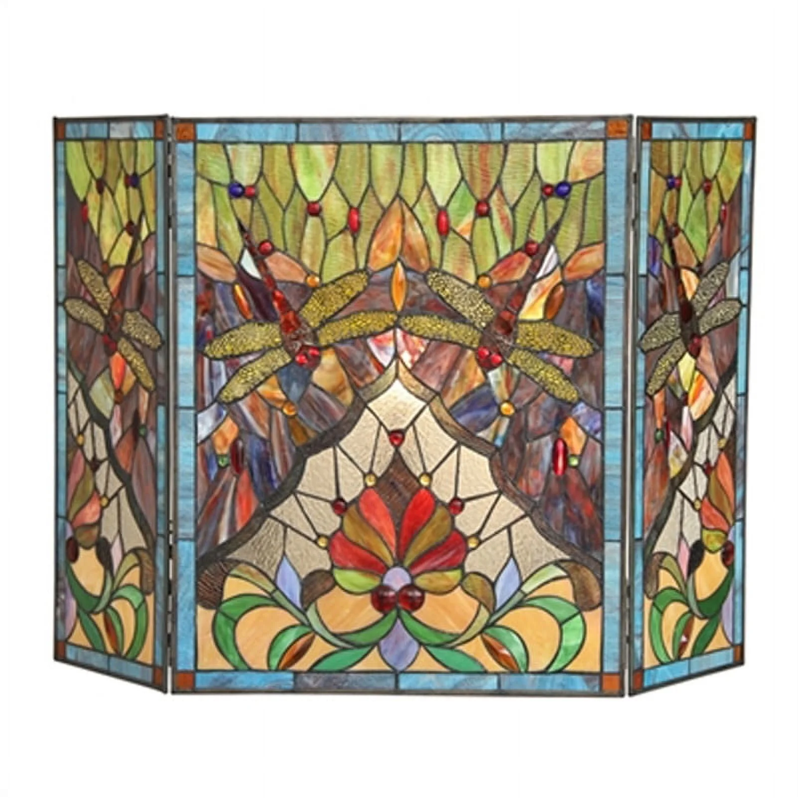 CH3F825DB44-GFS ANISOPTERA PURITY Tiffany-glass 3pcs Folding Dragonfly Fireplace Screen 44