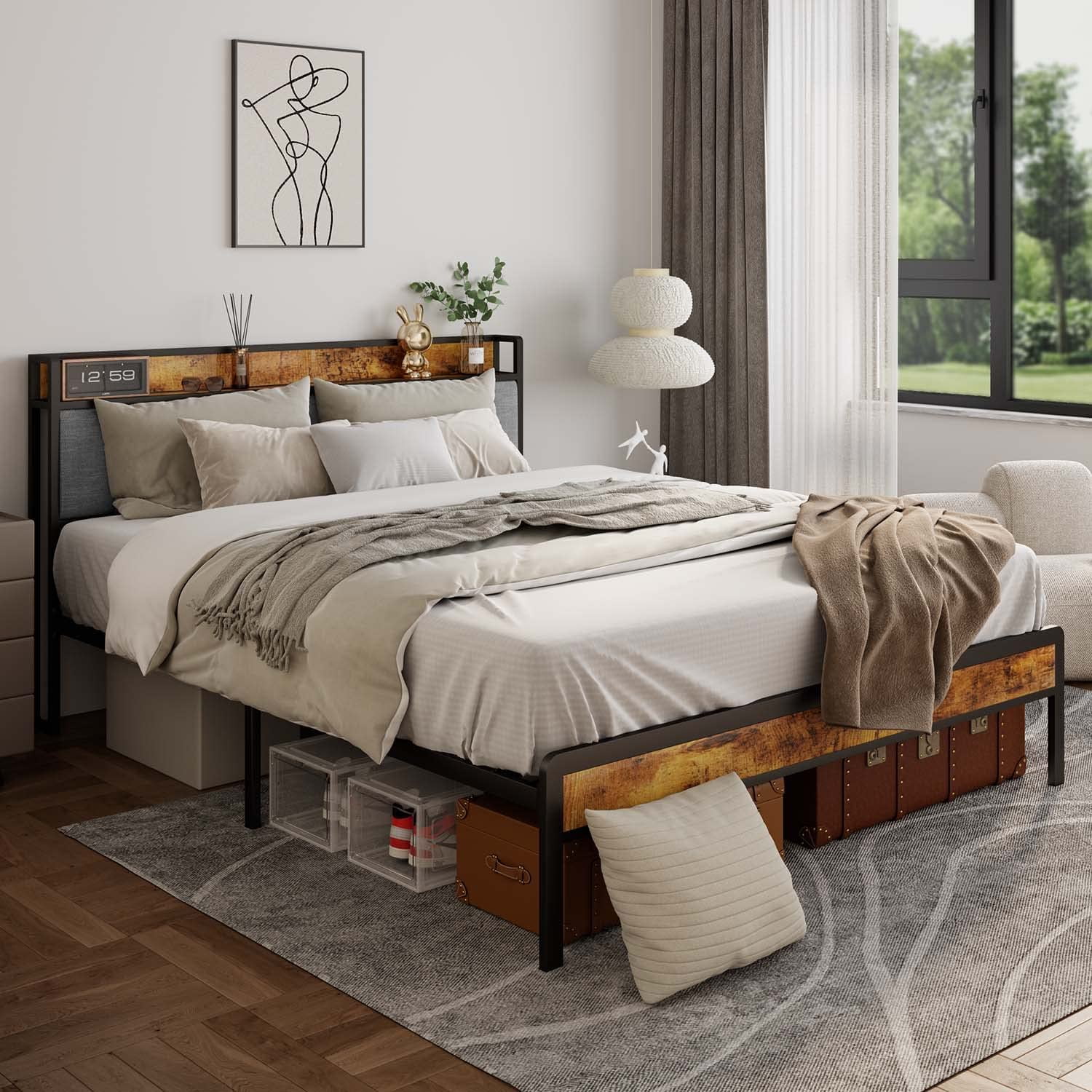 Full Bed Frame, Lofka Bed Frame Full Size with Storage Headboard Light Gray