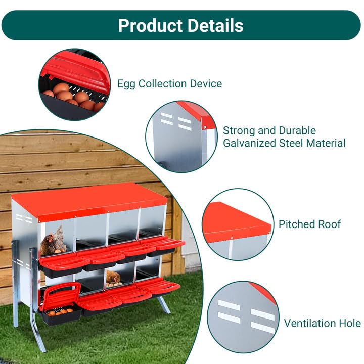 Chicken Nesting Box, 10 Hole 2 Layer Hen Nest Box with Legs, Roll Away Eggs Laying Boxes,Cleanable Pull Out Hen Roosting Boxes