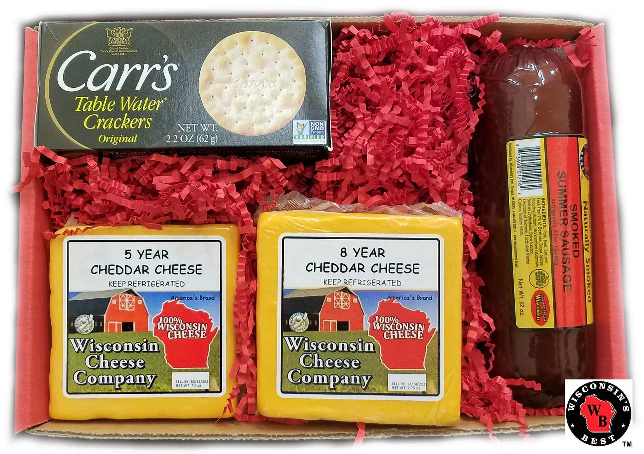 WISCONSIN CHEESE Elite Aged Cheddar Cheese, Sausage & Cracker Gift Basket, 4 Piece. Perfect Birthday Food Gift, Christmas Cheese and Meat Gift Set, Thank You Gift, Anniversary Charcuterie Gift.