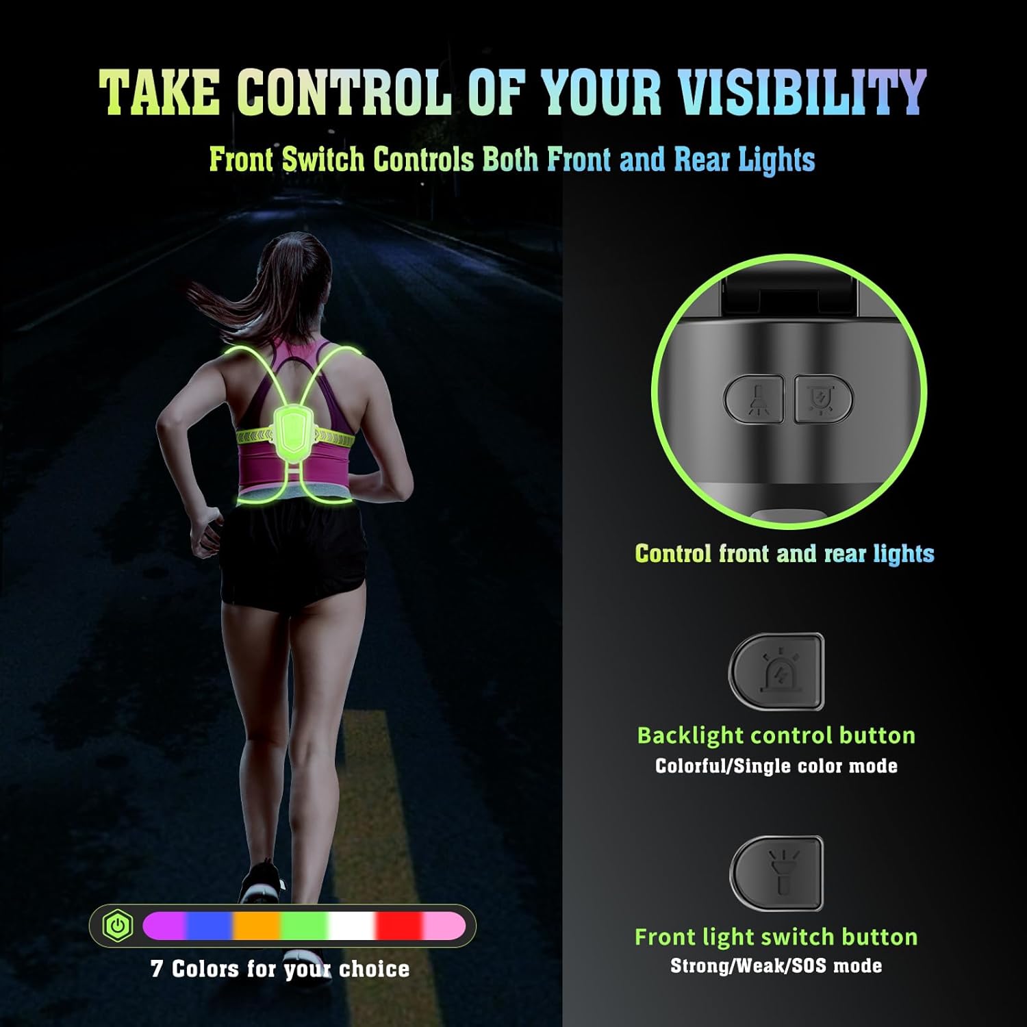 LED Reflective Vest Running Gear, 7 Lights Colors High Visibility Reflective Running Gear Rechargeable Light Up Running Vest for Walking Running Cycling, Adjustable for Men Women Kids