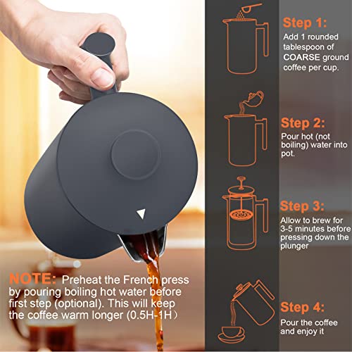 Secura French Press Coffee Maker, 304 Grade Stainless Steel Insulated Coffee Press with 2 Extra Screens, 34oz (1 Litre), Silver