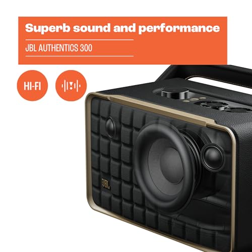 JBL Authentics 200 - Retro Style Smart Home Speaker with Built in Wi-Fi, Bluetooth and Voice Assistants, Alexa and Google Assistant, Multi-Room Playback, Automatic self tuning (Black/Gold)