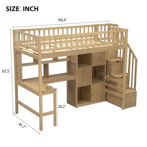 Merax Twin Size Wood Loft Bed with Under-Bed Desk and A Big Storage, Storage Staircase,Drawers, Shelves, Integrated Wardrobe,Mobile Workstation,Gray