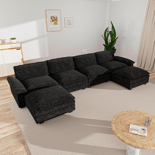 mestyl 3 Seat Sectional Sofa, Couch with Movable Ottoman, Chenille Modular Sofa with Removable Pillows and Layer Cushions, Suitable for Living Rooms, Bedroom, Offices, and Apartments, Black