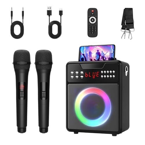 Karaoke Machine with 2 Microphones for Adults Kids Party, Portable Bluetooth Speaker with LED Lights Remote Control, Karaoke Machine for TF Card, TWS, USB, FM, REC, AUX in