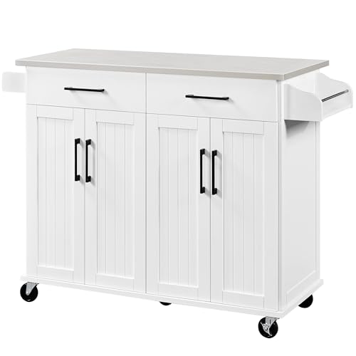 Yaheetech Kitchen Island Cart with Storage & Stainless Steel Countertop, Portable Kitchen Island on Wheels with Cabinet & Adjustable Shelves & 2 Drawers, Rolling Island Table for Kitchen, White