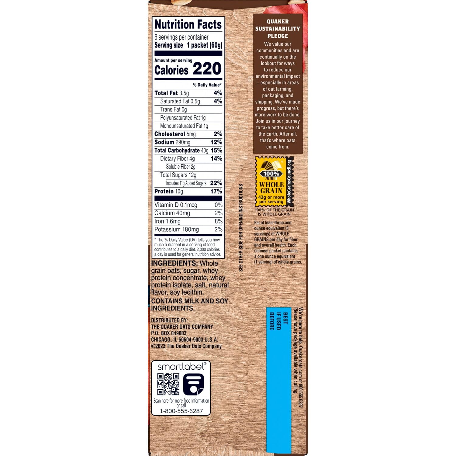 Quaker Protein Instant Oatmeal Maple & Brown Sugar, 6 Packets, 2.11 oz, 1 Box with Mooresville Merchant Decal