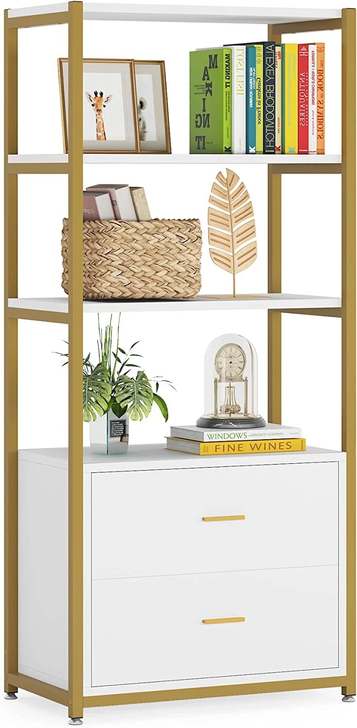Tribesigns 4 Tier Bookshelf with 2 Drawers, Etagere Standard Bookcase Display Shelf for Home Offic, White and Gold