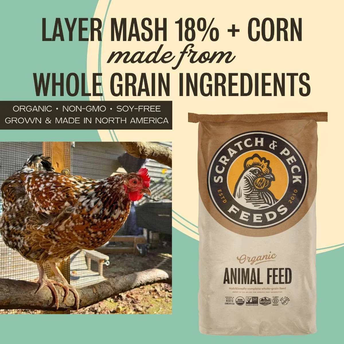 Organic Whole Grain Layer Feed + Corn, 18% Protein - Premium Chicken and Duck Feed Formulated with Sustainable Grub Protein, Vitamins, and Minerals - 40lb