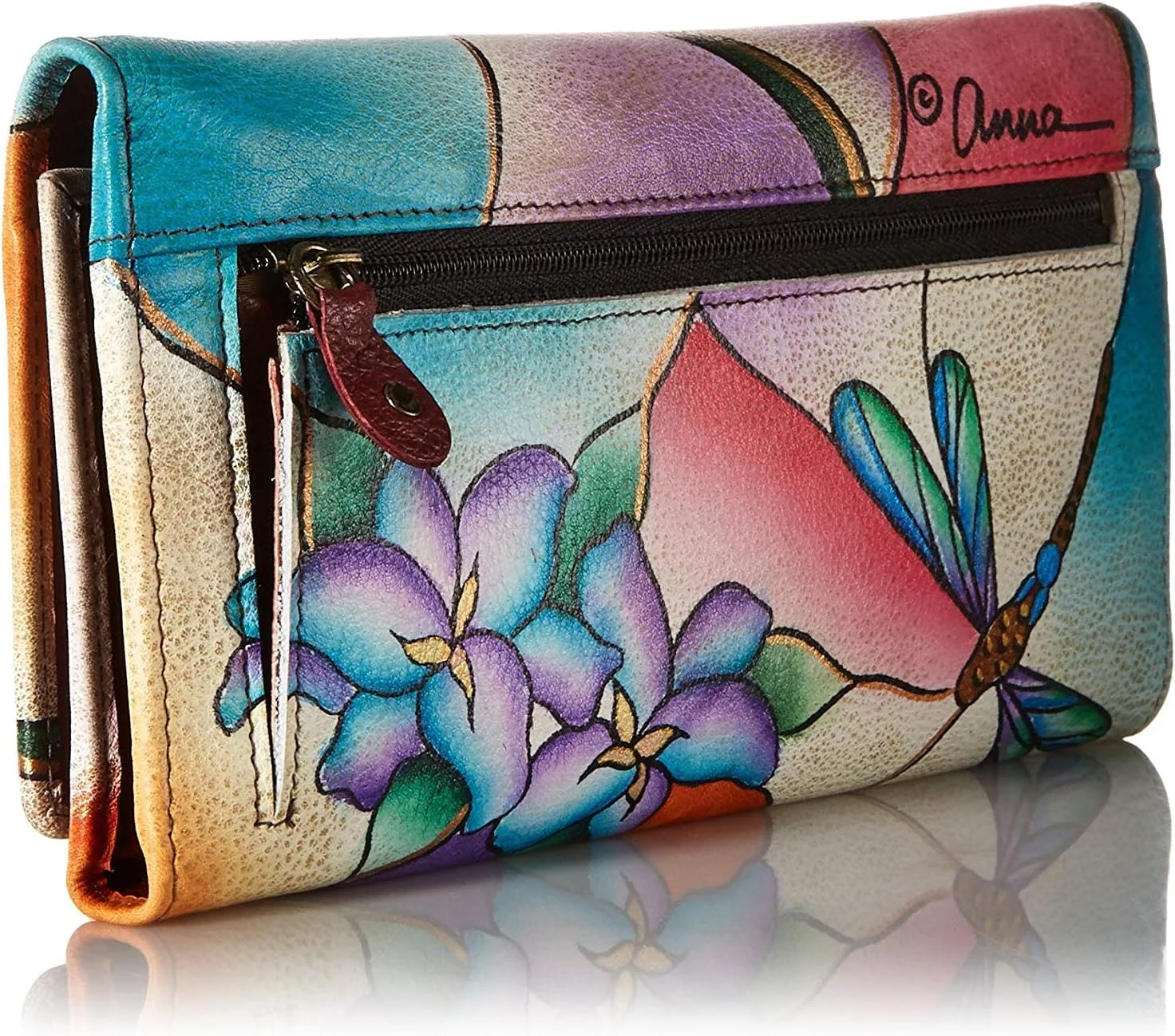 Anna by Anuschka Women's Hand Painted Genuine Leather Multi Pocket Wallet - Dragonfly Glass Painting